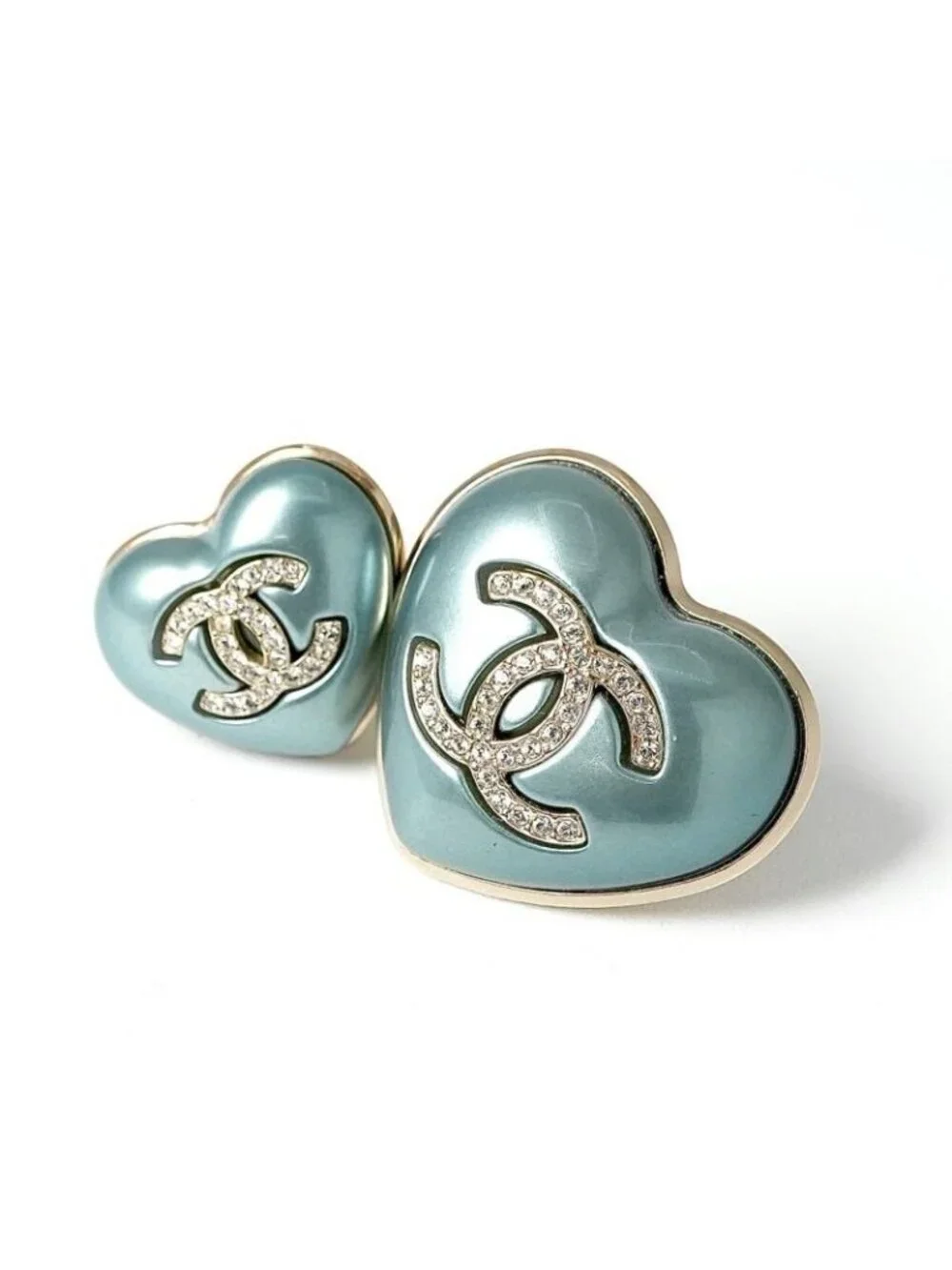 Chanel Brooch Corsage Blue Gold Pin Heart Rhinestone Set Of 2